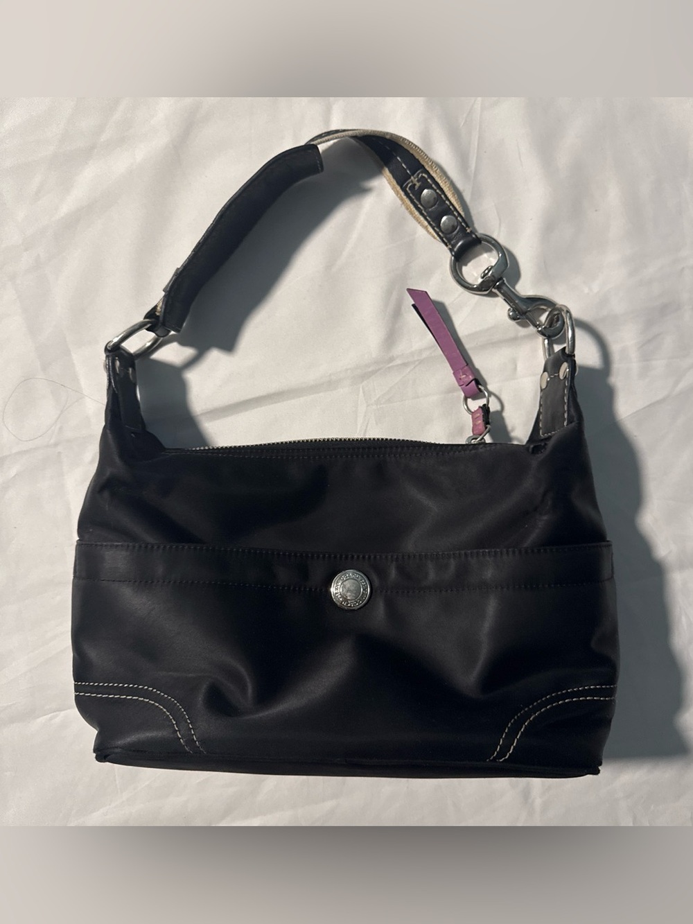 Coach Black Shoulder Bag with Silver Hardware and Pink Accent